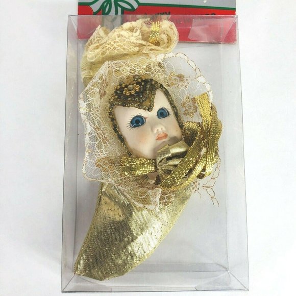 2 New Victorian Porcelain Doll Face Christmas Tree Ornaments Beads Lace In Box - Picture 4 of 6